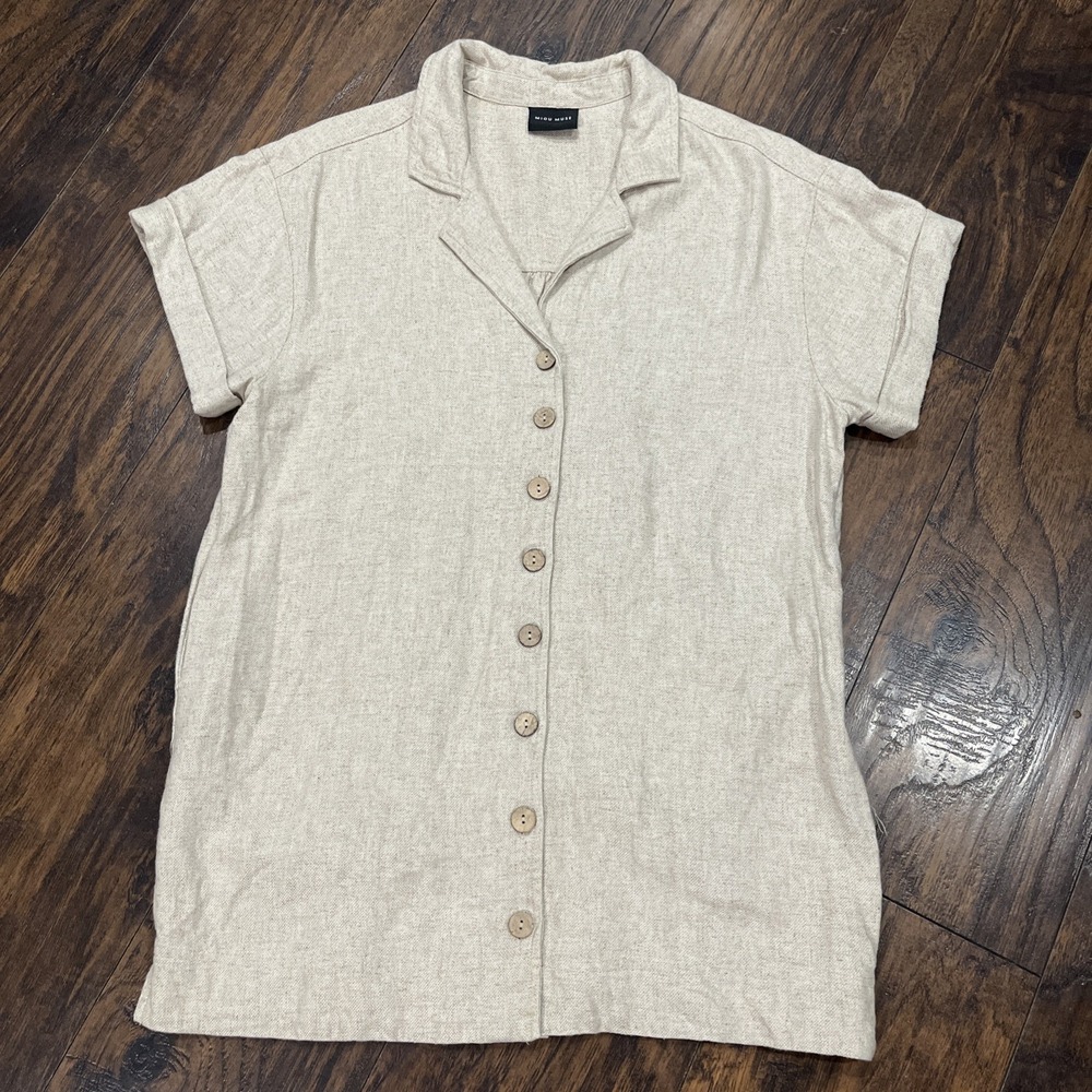 Miou Muse Womens Linen Blend Shirt Button Down Tunic/ Blouse Pockets Sz Small
